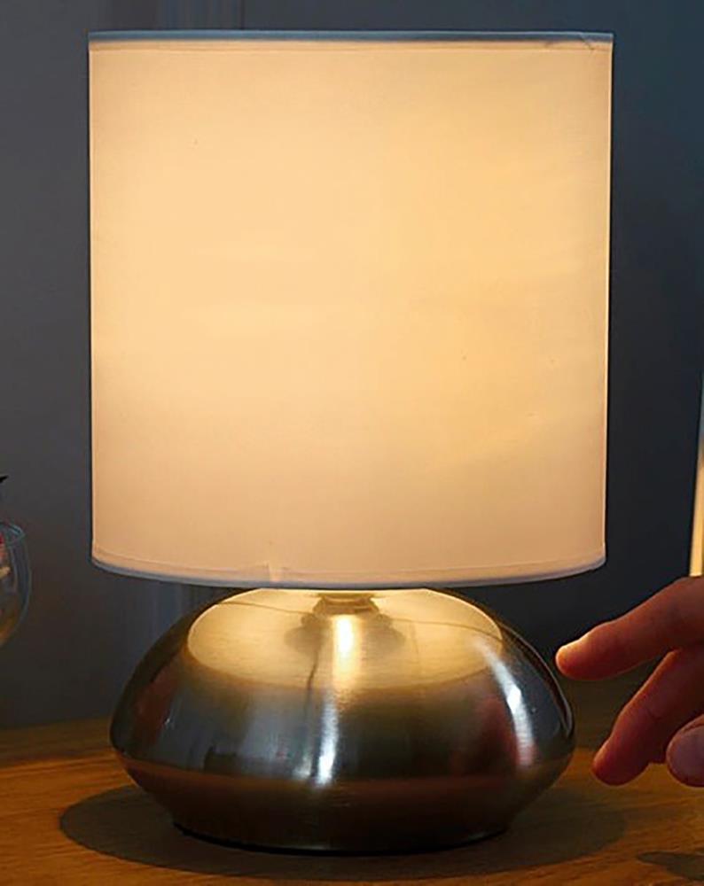 Silberne Chrom-Paar Touch-Lampen mit weißem Lampenschirm und stufenloser Dimmoption