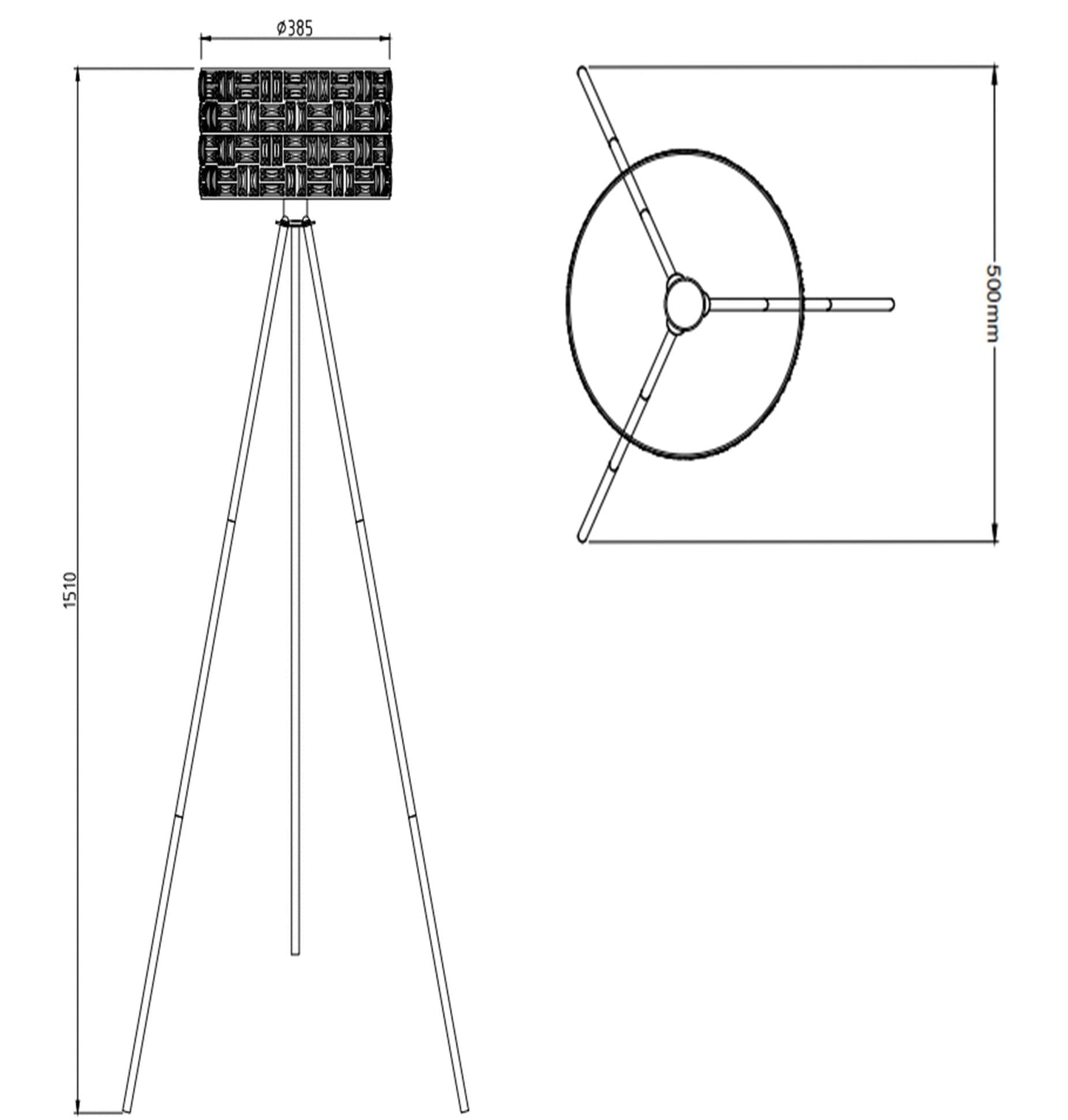 Schwarze moderne Dreifuß-Stehlampe mit Acrylglas-Trommelshade und einem Metall-Ausschnitt-Design