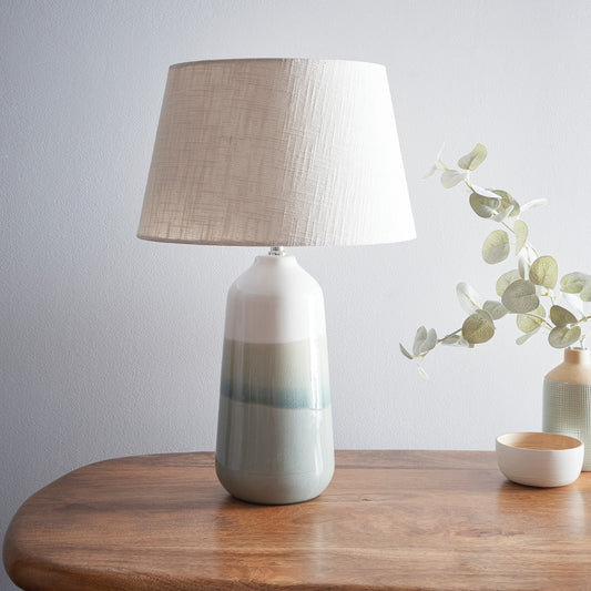 Moderne Keramik Tischlampe 54 cm hoch mit gradientierter Glasur und Leinen-Schirm