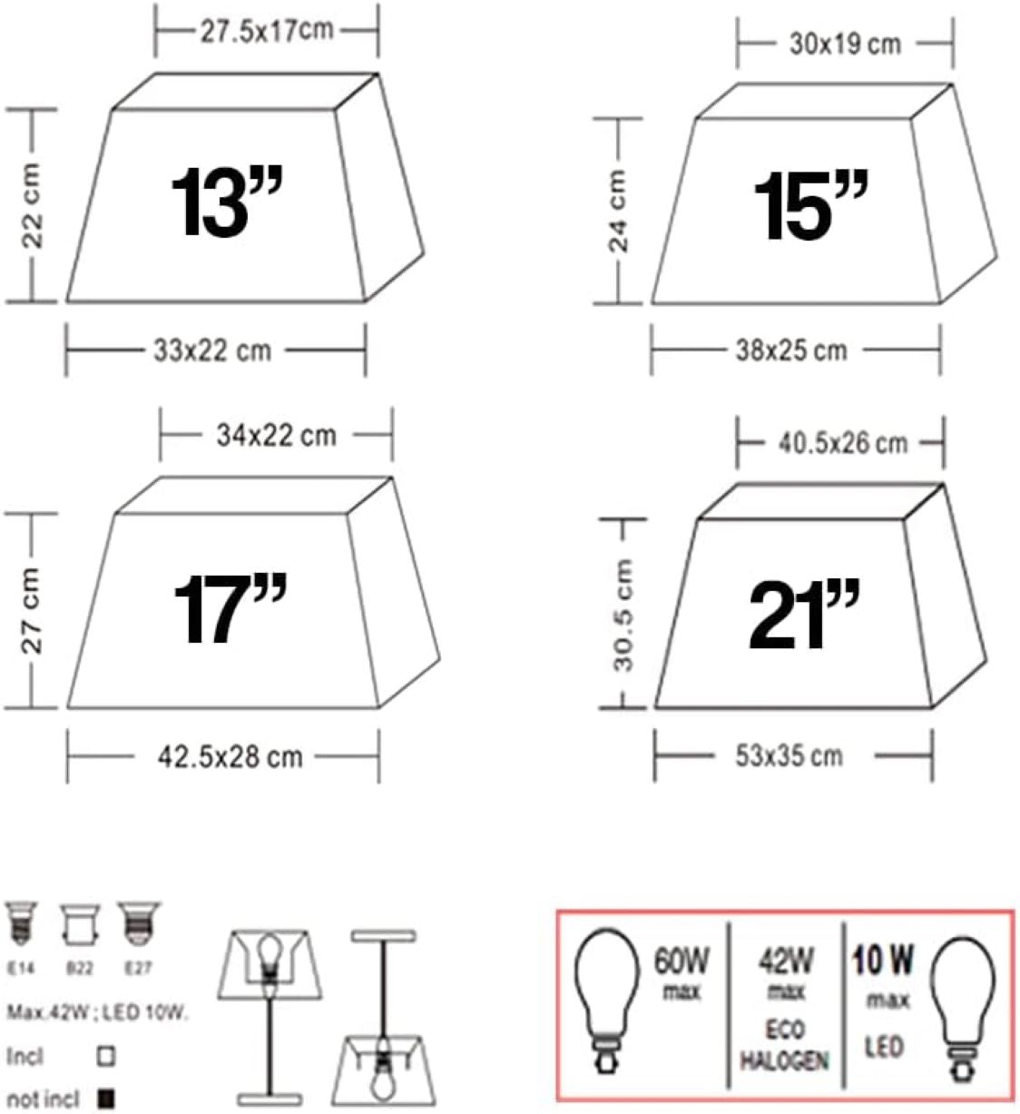 Creme Modern Rechteck Leinen Lichtschirm für Tisch- oder Stehlampen erhältlich in 13", 15", 17" oder 21"