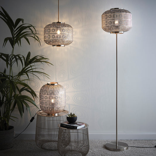 Geometrisches Muster Marokkanisches Design Tischlampe, Stehlampe oder Pendelleuchte | Satin-Nickel Korb-ähnliche zeitgenössische Beleuchtungslösung für moderne Häuser