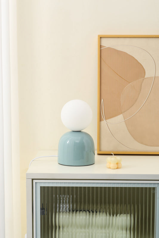 Kleine Keramik-Tischlampe in Braun, Aqua Blau oder Sanftgrün mit einem opaken Glasschirm
