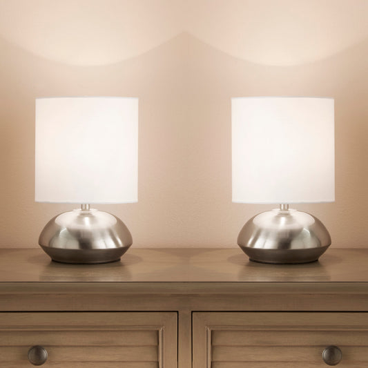 Silberne Chrom-Paar Touch-Lampen mit weißem Lampenschirm und stufenloser Dimmoption