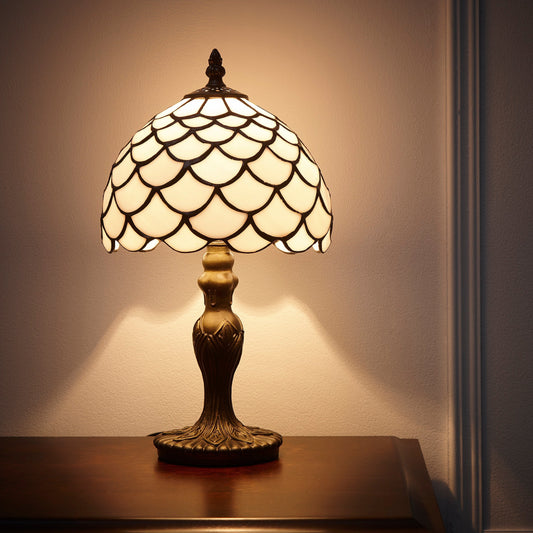 Lincoln Tiffany-Stil Antike Messing Tischlampe mit Schirm (Schirm in Elfenbeinweiß)